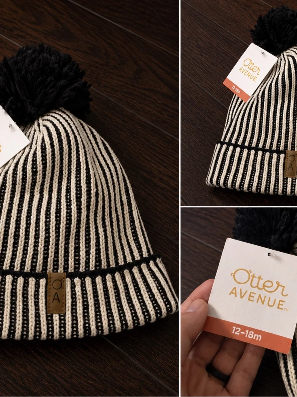 Otter Avenue Black White Striped Pom Pom Beanie 12-18M NWT